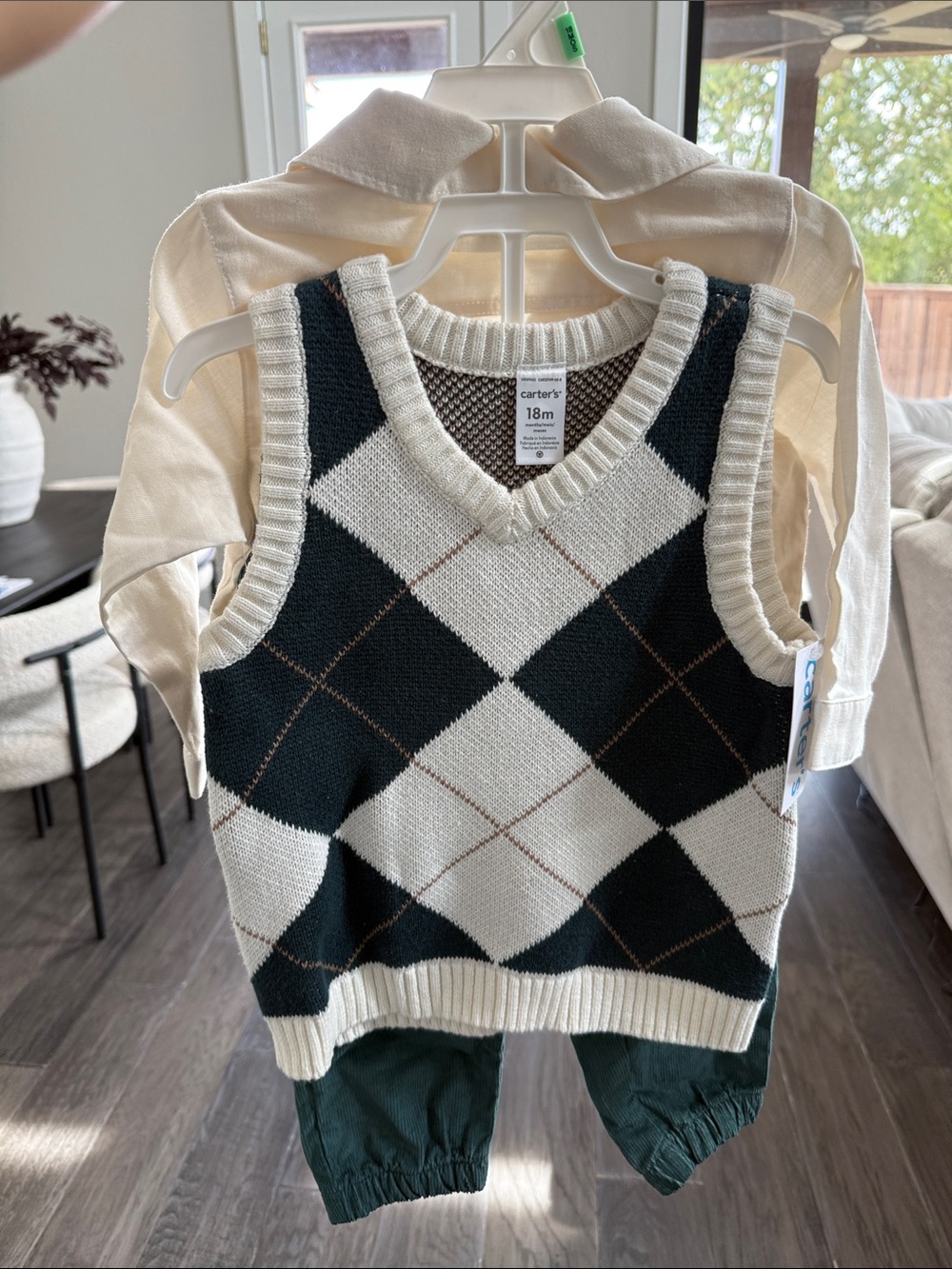 Carter's Cream & Dark Green Argyle V-Neck Sweater Vest
